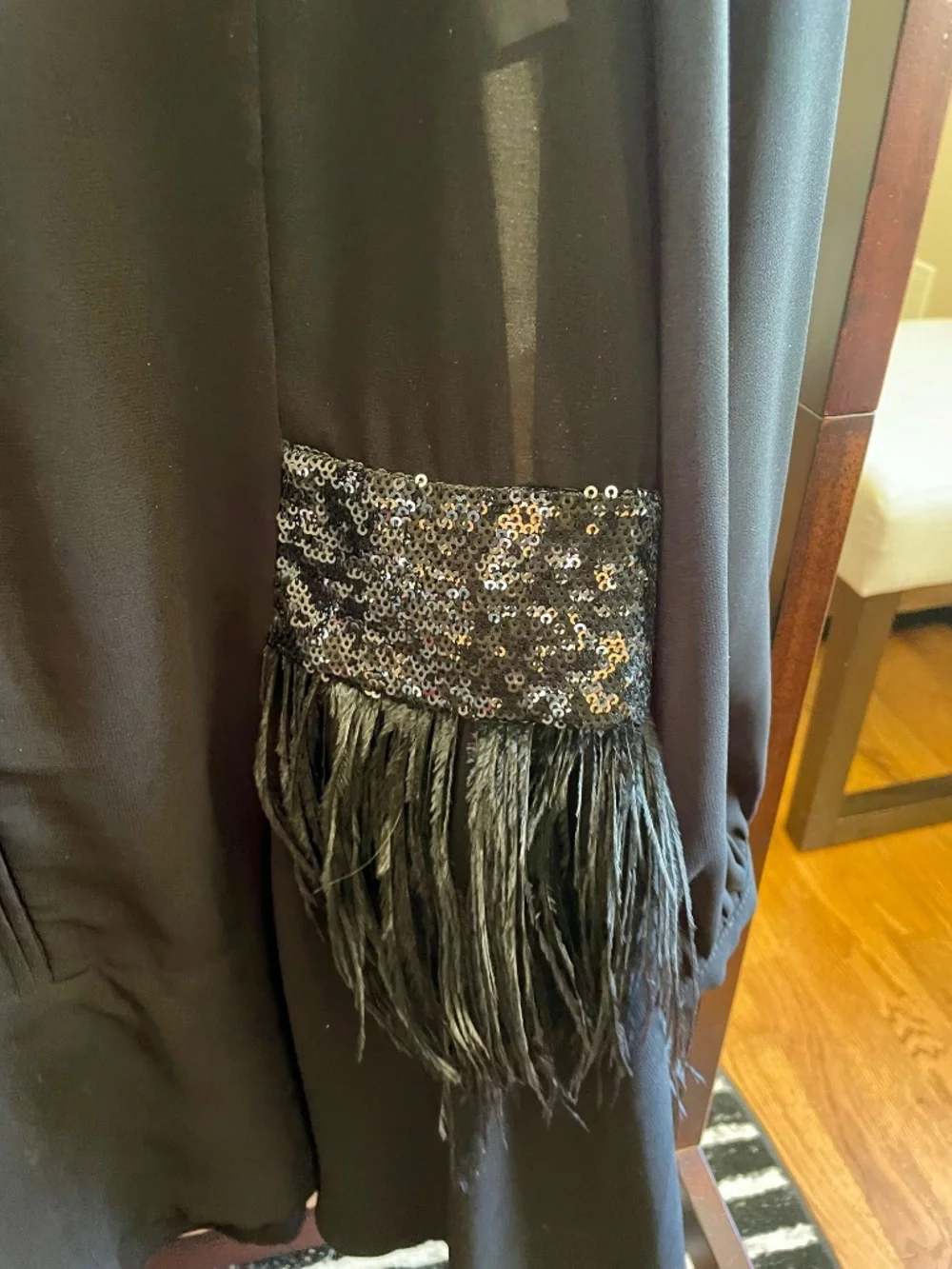 Italy Designer Black Silk Mini Dress | Sequin & Feather Detail | S - Picture 6 of 6